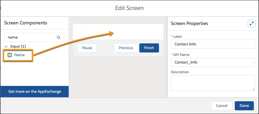 [Screen Components (画面コンポーネント)] ペインから画面キャンバスのどこに [Name (名前)] 入力コンポーネントをドラッグするかを示す [Edit Screen (編集 画面)] ページ