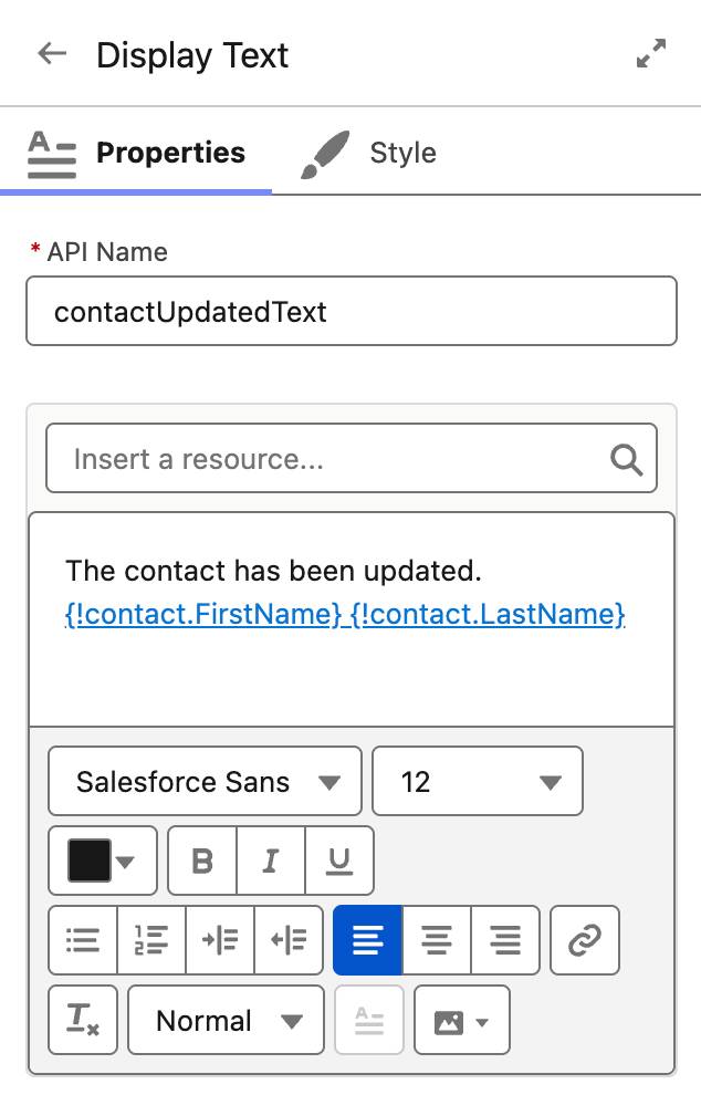 The Display Text configuration panel corresponding to the preceding steps.