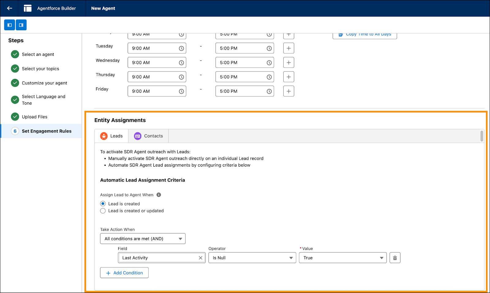 Einstellen des Abschnitts 'Engagement Rules' (Engagementregeln) von Agentforce Builder (Agentforce-Generator) mit hervorgehobenem Abschnitt 'Entity Assignments' (Zuweisungen von Einheiten)
