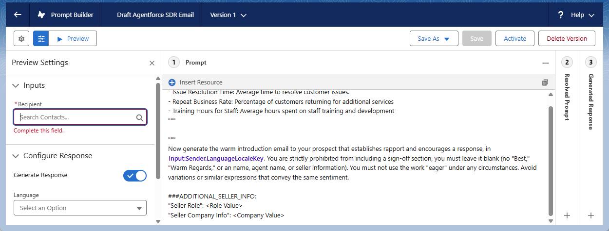 Schermata dell'area di lavoro modello di prompt in cui è visualizzata la sezione Inputs (Input) sul lato sinistro.