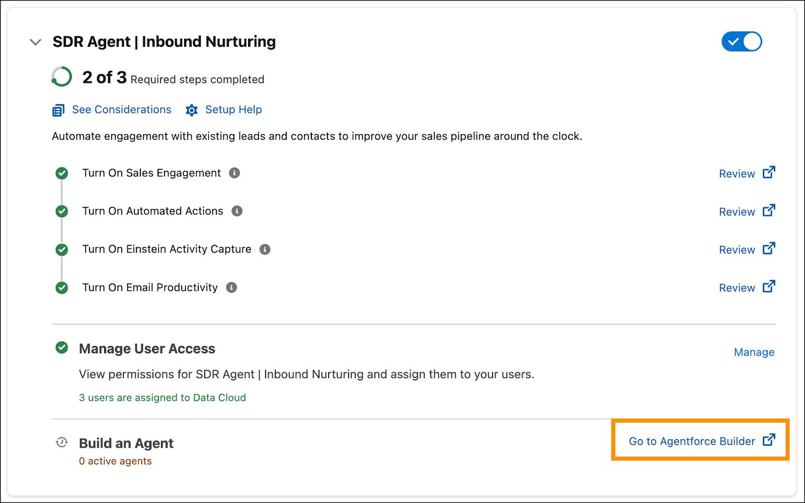 [Go to Agentforce Builder (Agentforce Builder に移動)] リンクが強調表示されている [SDR Agent | Inbound Nurturing (SDR エージェント | インバウンド育成)] セクション。