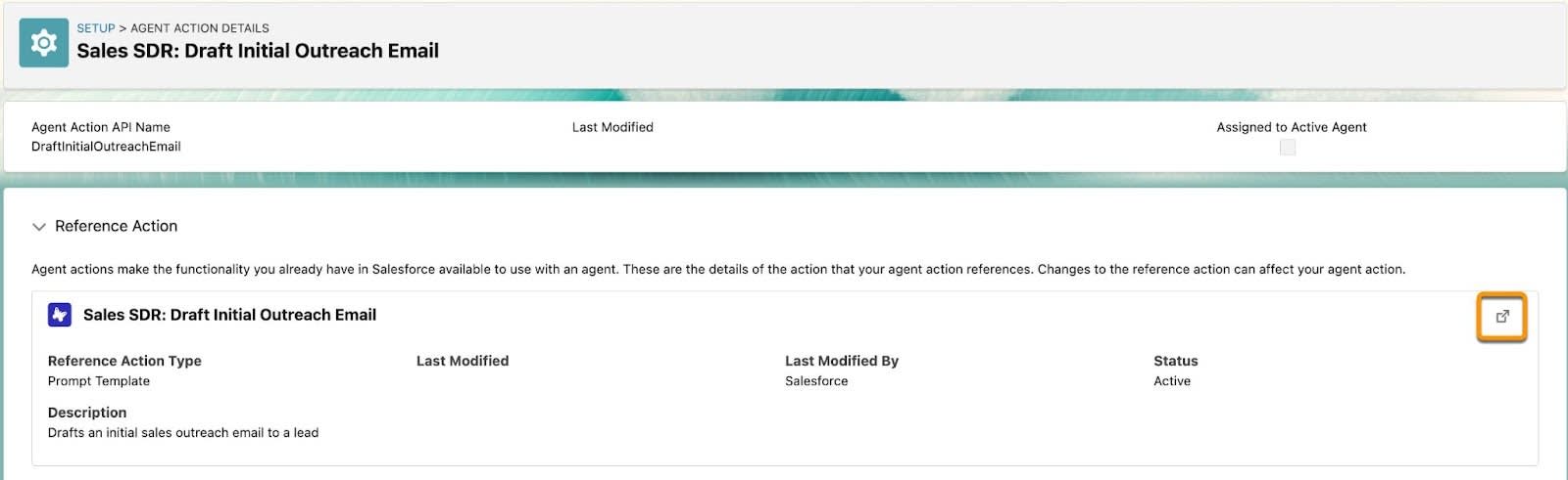 Página Agent Action Details (Detalhes da ação do agente) para Sales SDR: Draft Initial Outreach Email (SDR de vendas: Redigir email de contato inicial) com o ícone para abrir em nova janela destacado.