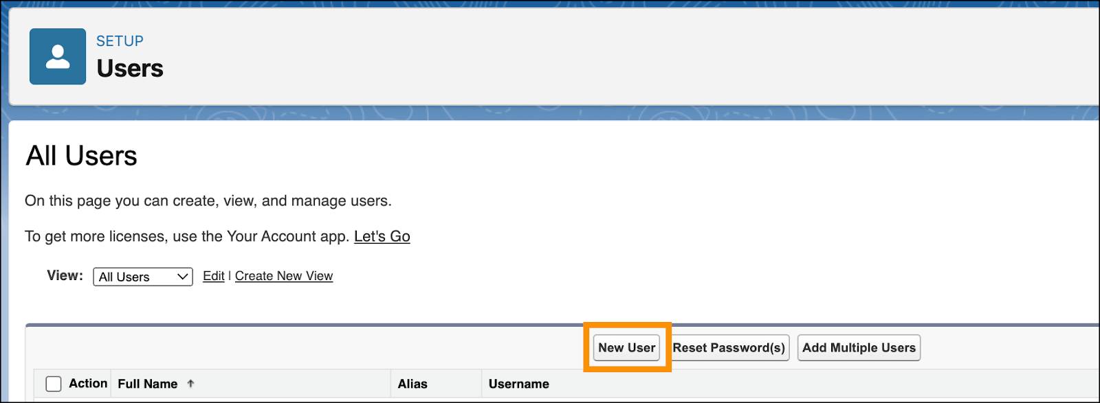 Pantalla All Users (Todos los usuarios) con el botón New User (Usuario nuevo) seleccionado.