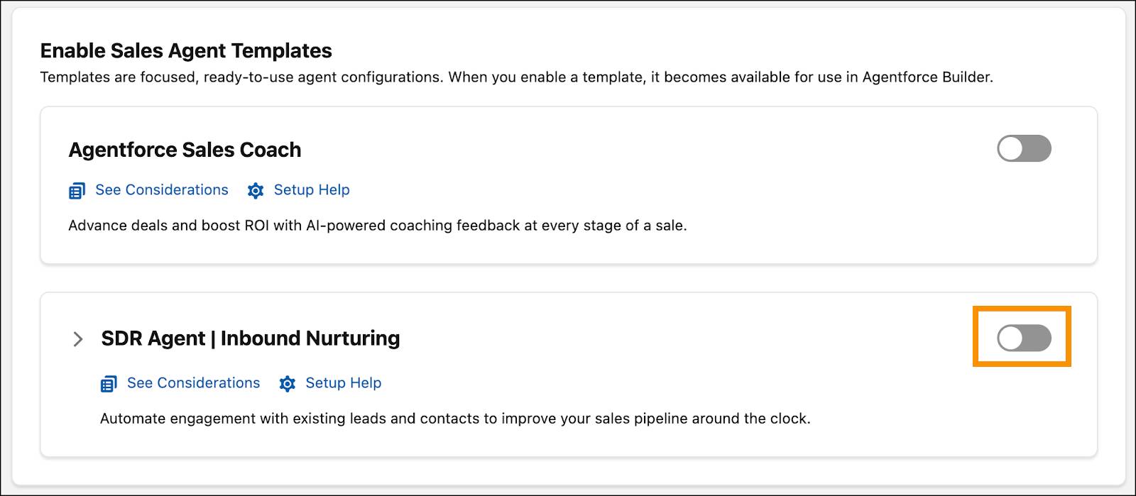 Enable Sales Templates with Agentforce SDR Agent toggle highlighted.