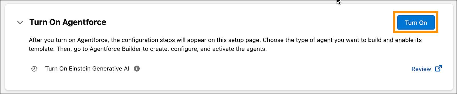 Agentforce for Sales Set Up wizard with the Turn On Agentforce button highlighted.