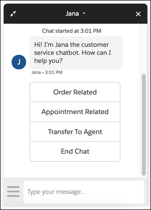 挨拶とオプションが表示されている Jana ボット