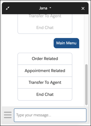 Bot Jana com o texto Menu principal aparecendo no bate-papo.