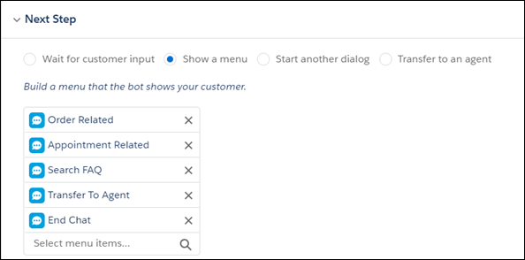 La section Next Step (Étape suivante) du générateur de robot Einstein affichant les nouvelles options de menu.