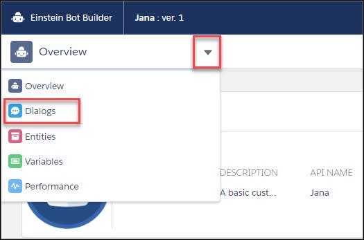 Option Dialogs (Dialogues) mise en évidence dans la liste déroulante Overview (Vue d’ensemble).