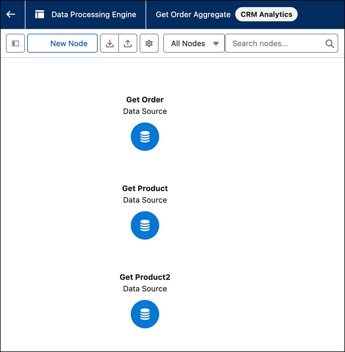 The Data Processing Engine builder canvas with the three data source nodes.