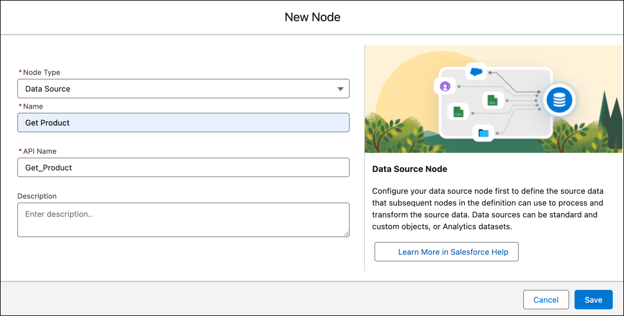 The New Node window showing the Node Type, Name, and API Name fields with their corresponding data.