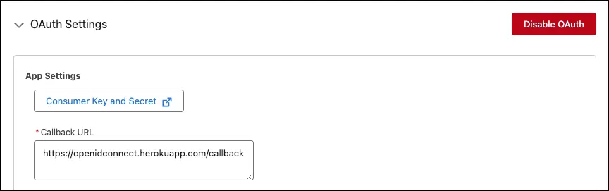 The External Client App Manager is open to edit fields on the Settings tab, showing the Consumer Key and Secret button.