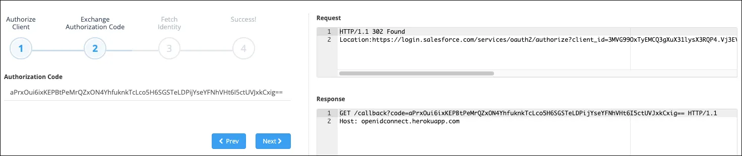 The OpenID Connect Playground is open with the authorization request and the Heroku server’s response in the Request and Response fields.
