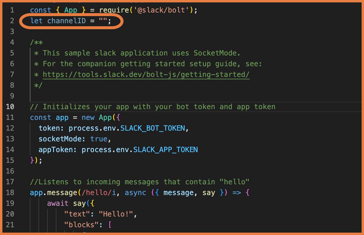 code with let channelID = “”, constant include, highlighted by an orange box.