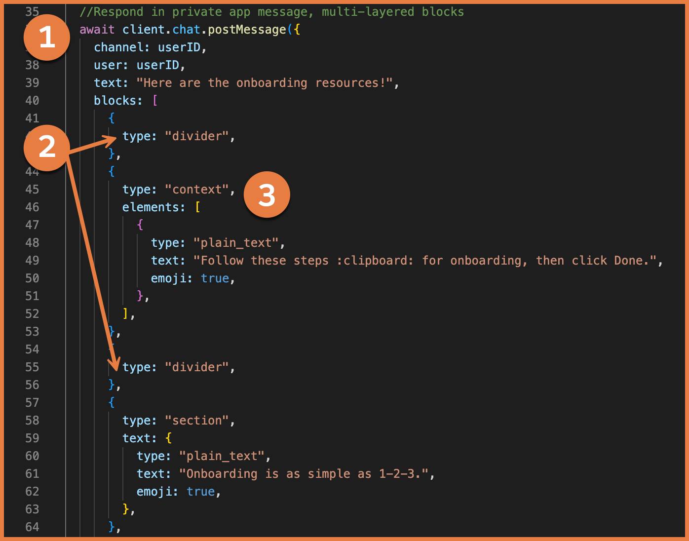 code as indicated above, with white numbers 1, 2, and 3 in orange circles calling out their corresponding parts of code.