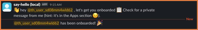 say-hello (local) app posts that the user has been onboarded! with a party popper emoji.