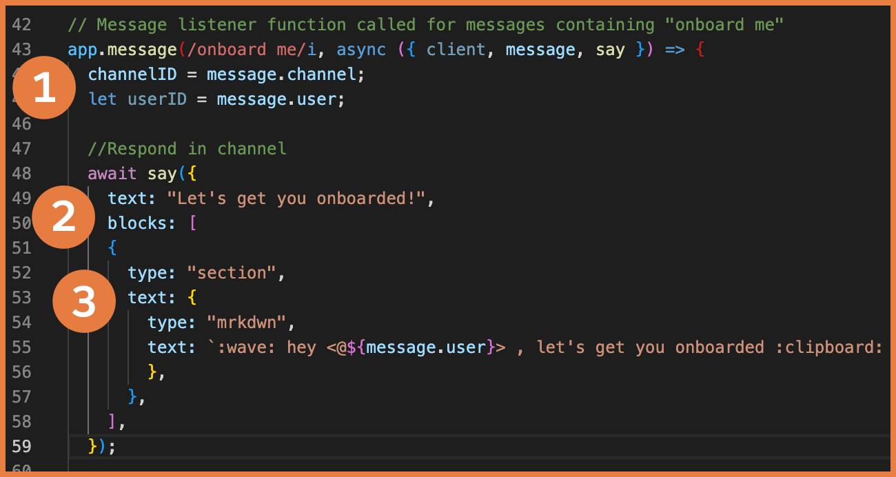 code as indicated above, with each section called out with white numbers in orange circles.