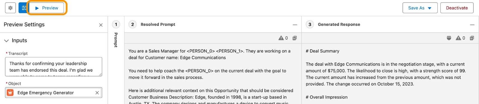 Prompt Template Workspace with the Preview button highlighted.