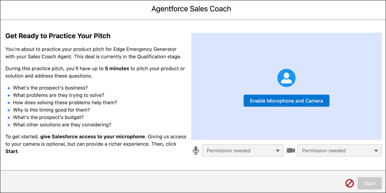 Practice Your Pitch screen with instructions on the left side and the Enable Microphone and Camera on the right side.