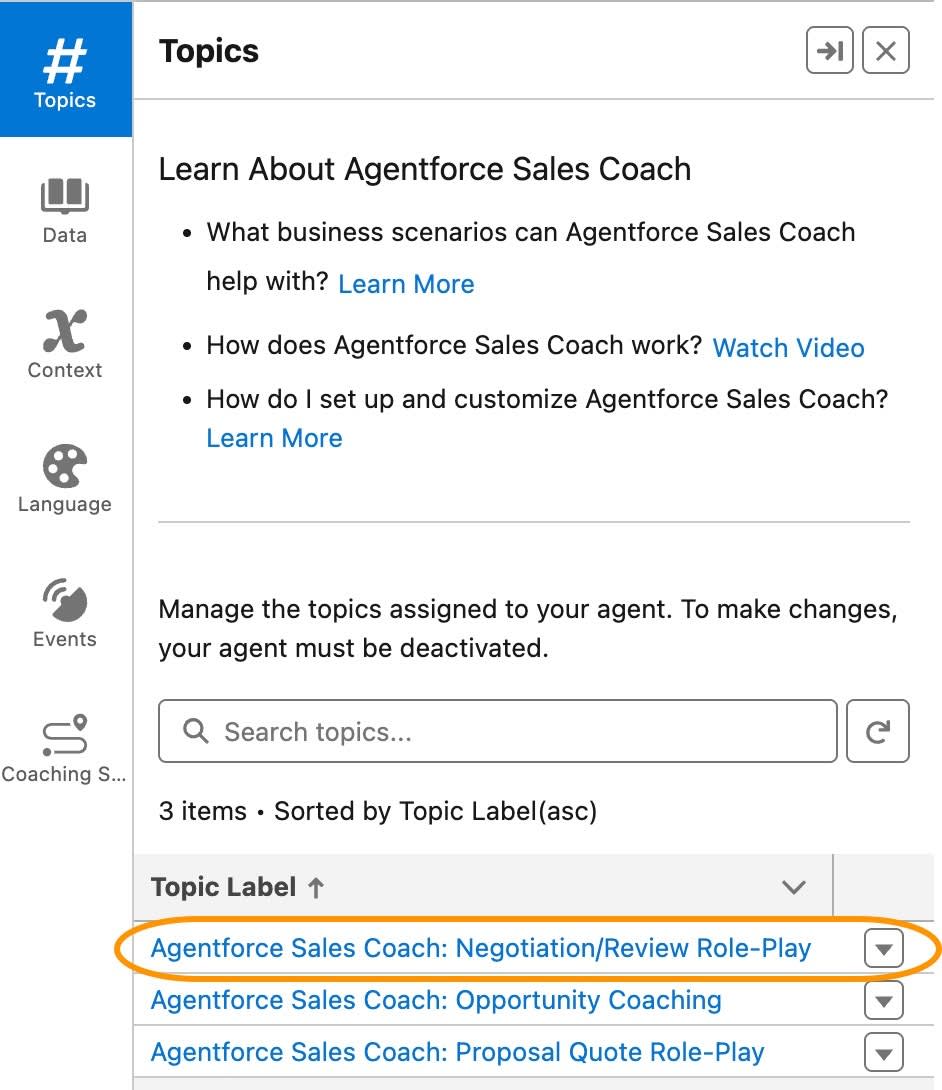 Topics section with Agentforce Sales Coach: Negotiation/Review Role label highlighted.