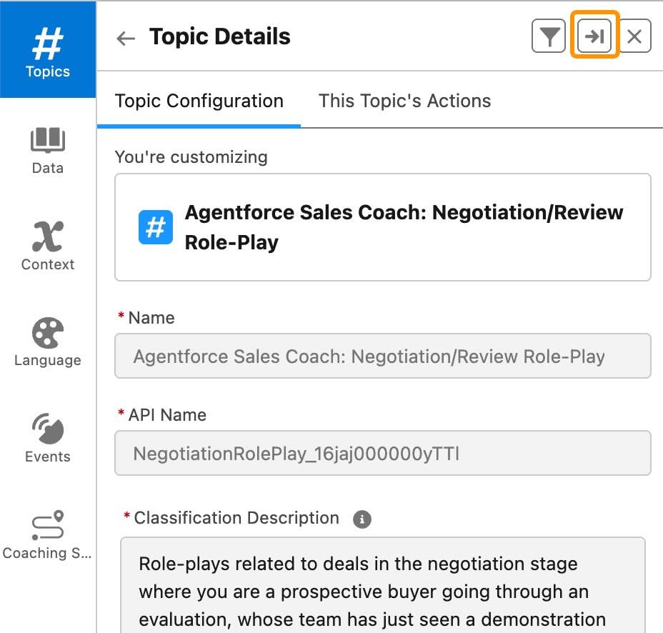 Topic Details menu with arrow pointing to the expand screen button.