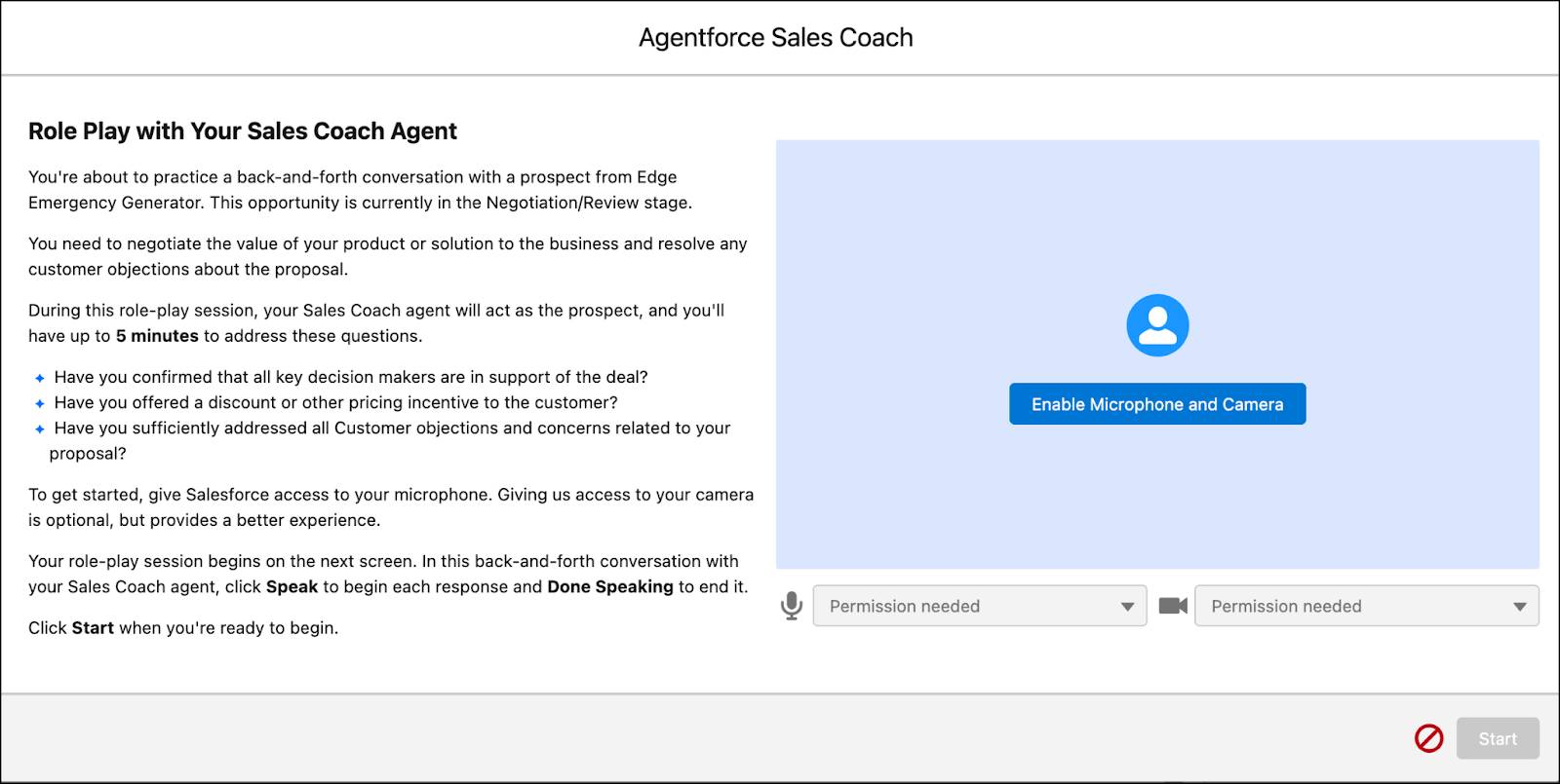 Écran Role Play with Your Sales Coach (Jeu de rôle avec Agentforce Coach commercial) avec des instructions sur le côté gauche et l’option Enable Microphone and Camera (Activer le microphone et la caméra) sur le côté droit.