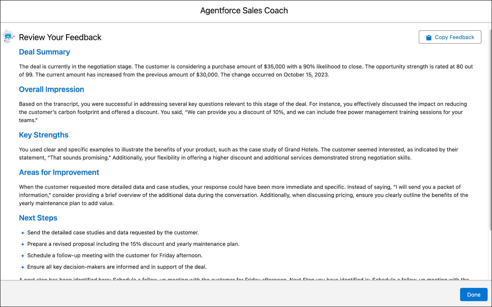 Mostra exemplos de feedback após concluir uma negociação usando uma demonstração.