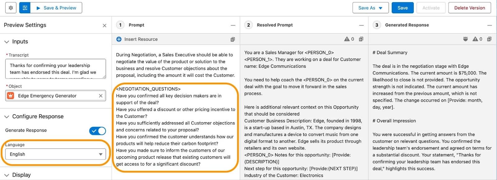 Seção NEGOTIATION QUESTIONS (PERGUNTAS SOBRE NEGOCIAÇÃO) destacada, incluindo as duas perguntas acima mencionadas. A lista Preview Language (Idioma de visualização), o botão Test Inputs (Testar entradas) e o botão Save & Preview (Salvar e visualizar) também estão destacados.