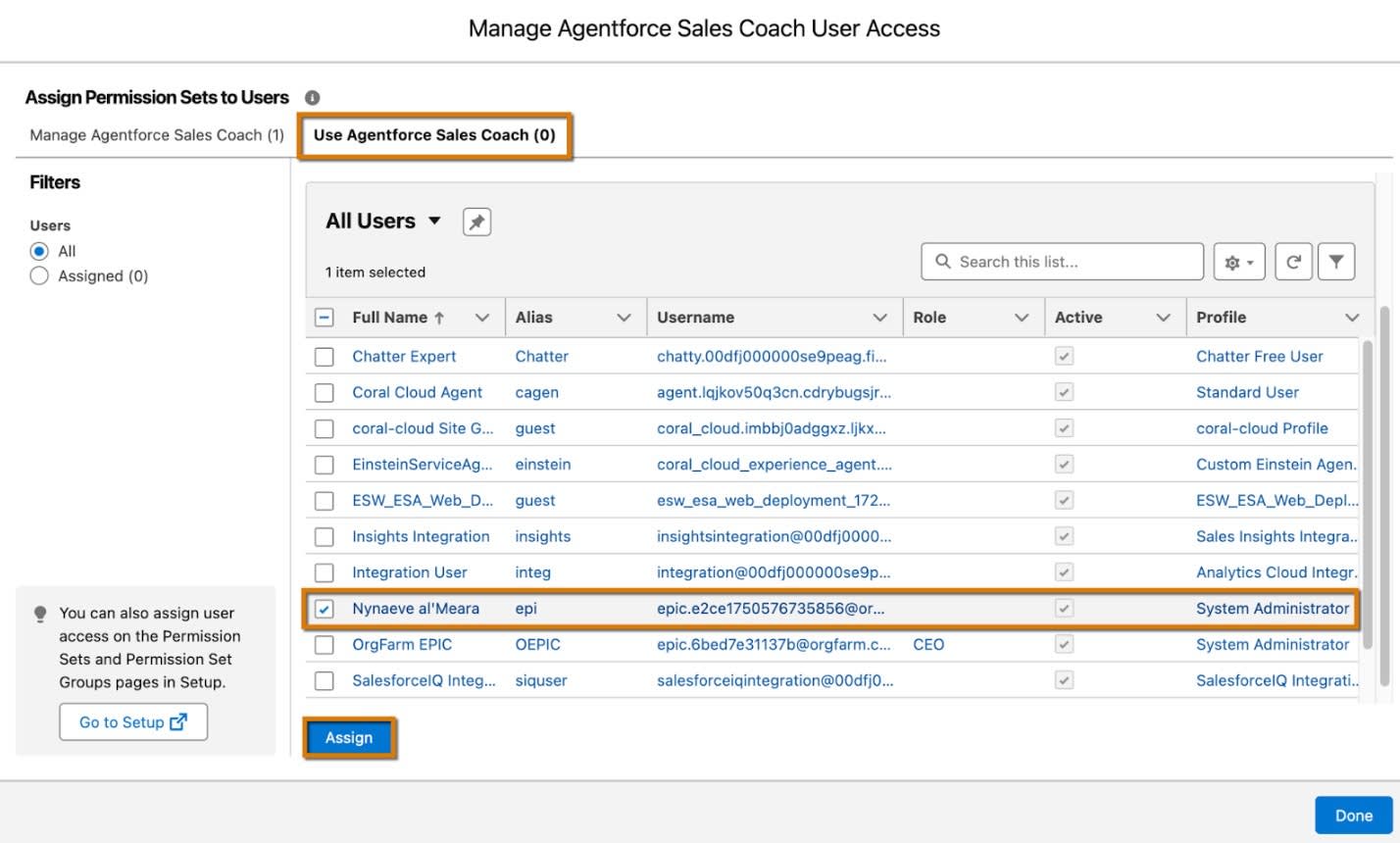 Bildschirm 'Assign Permission Sets to Users' (Zuweisen von Berechtigungssätzen zu Benutzern) mit 'Use Agentforce Sales Coach' (Agentforce-Vertriebs-Coach verwenden)