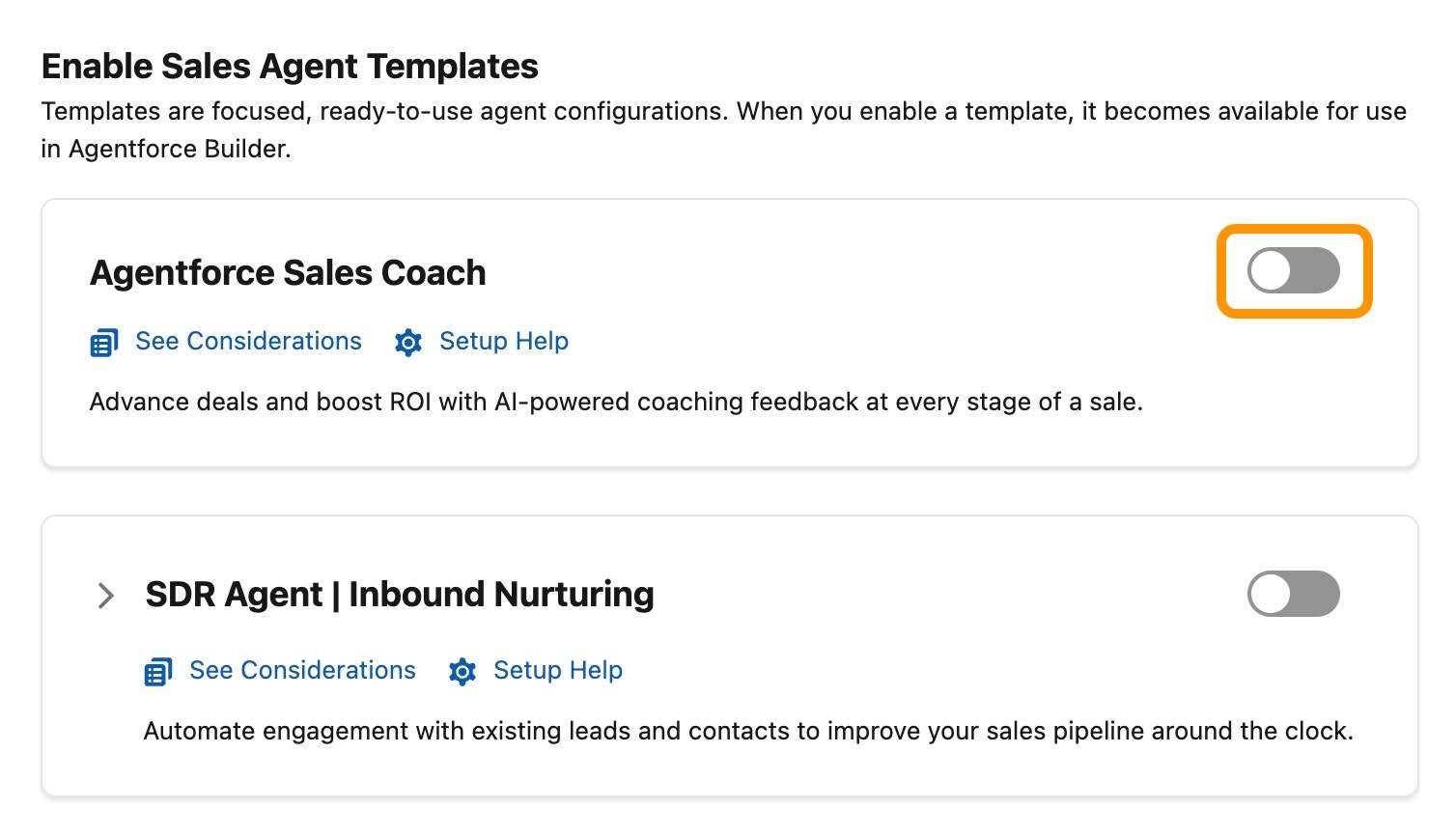 Enable Sales Templates (Habilitar las plantillas de ventas) con el botón de alternancia de Coach de ventas de Agentforce resaltado.