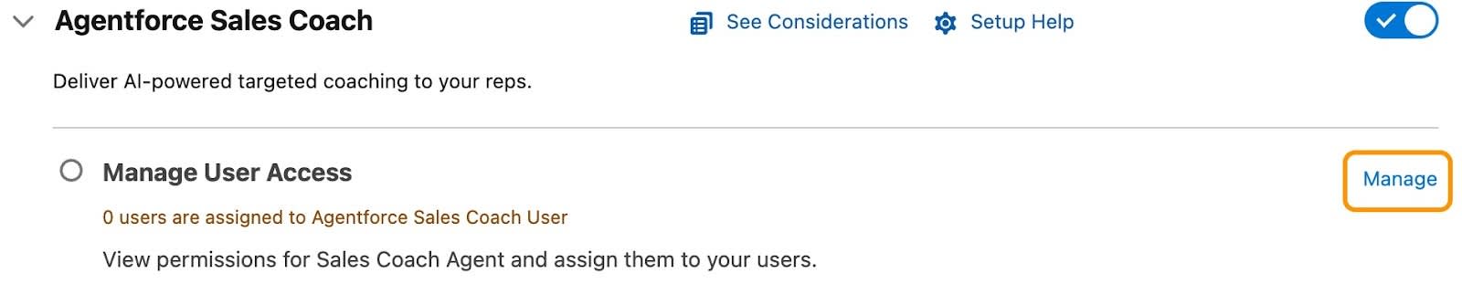 Manage(관리)가 하이라이트 처리된 Agentforce 세일즈 코치 설정 마법사.