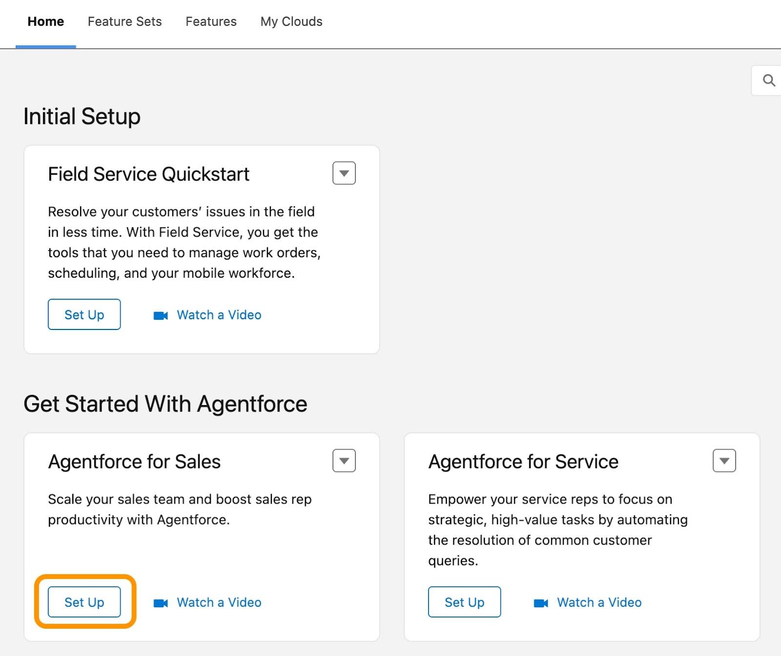 Página inicial do Salesforce Go com a opção Set Up (Configurar) destacada em Agentforce para vendas.