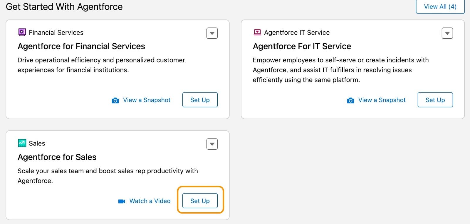 Salesforce Go 主页,突出显示了 Agentforce for Sales(适用于销售的 Agentforce)下的 Set Up(设置)。