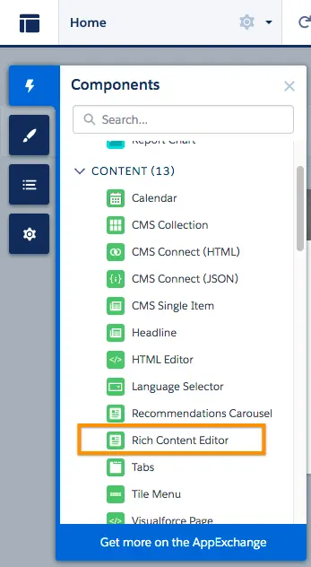 Captura de pantalla del panel Components (Componentes) con Rich Content Editor (Editor de contenido enriquecido) seleccionado