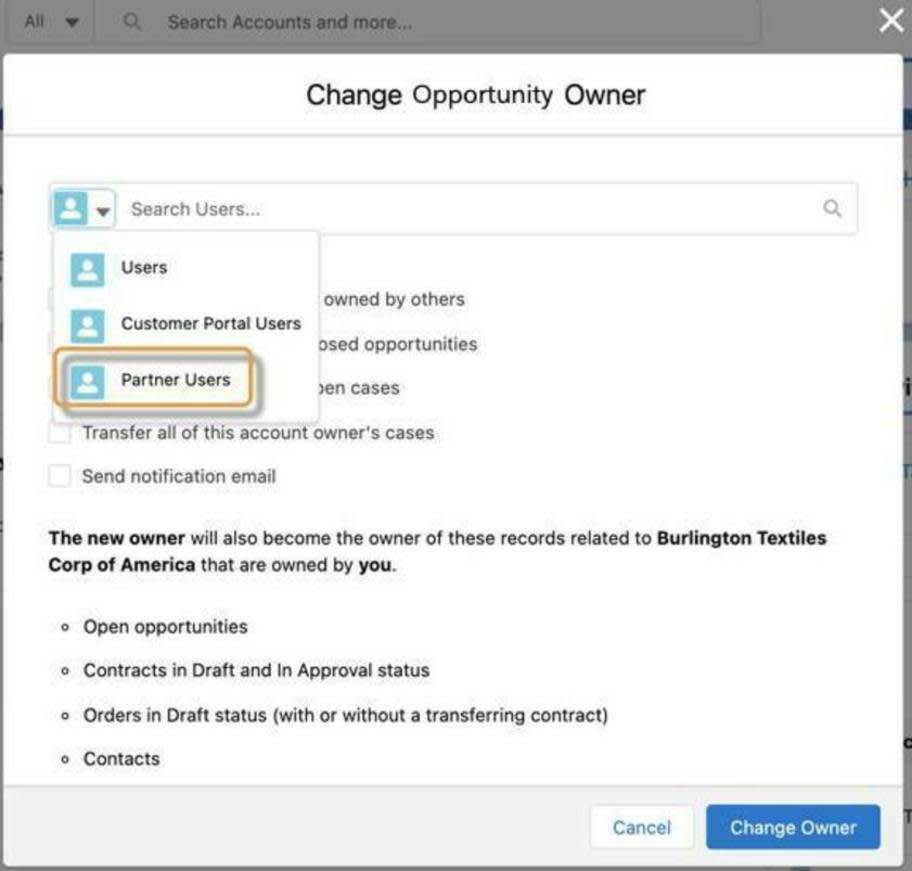 Image showing Partner Users options when changing an account owner