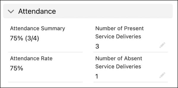 The Attendance section on a record with values populated in all of the fields.