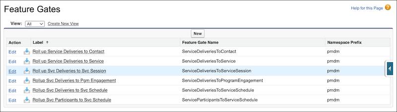 The Feature Gates list with Roll up Svc Deliveries to Svc Session highlighted.