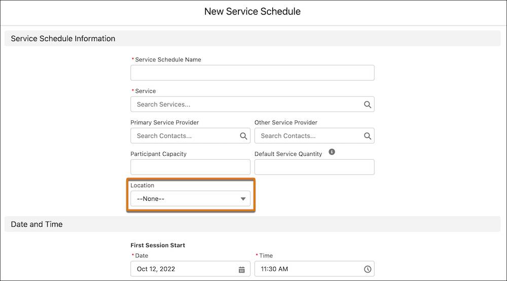 The Location field on the New Service Schedule window.