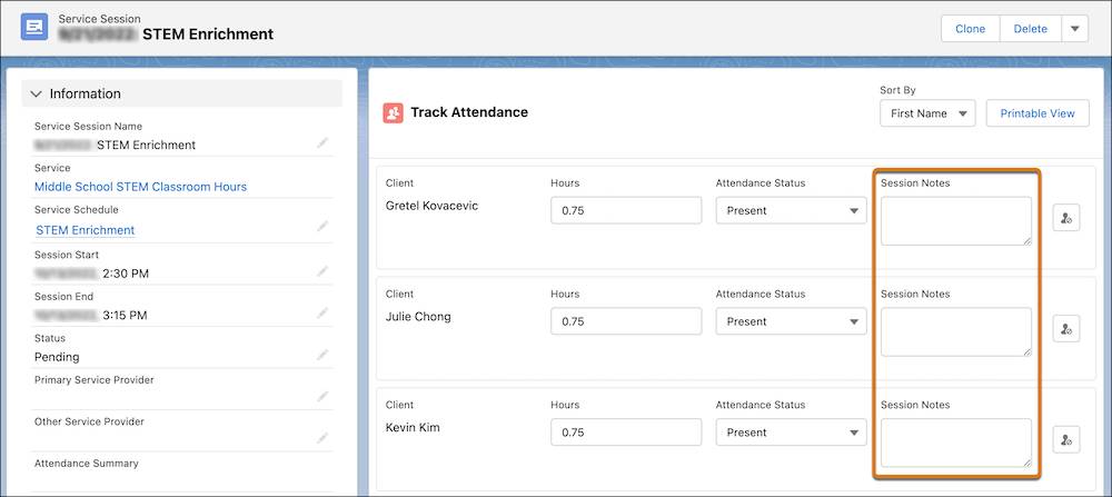 The Session Notes field appears with each client.