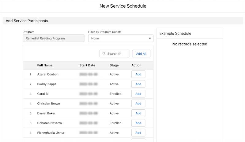 Stage information on the New Service Schedule window.