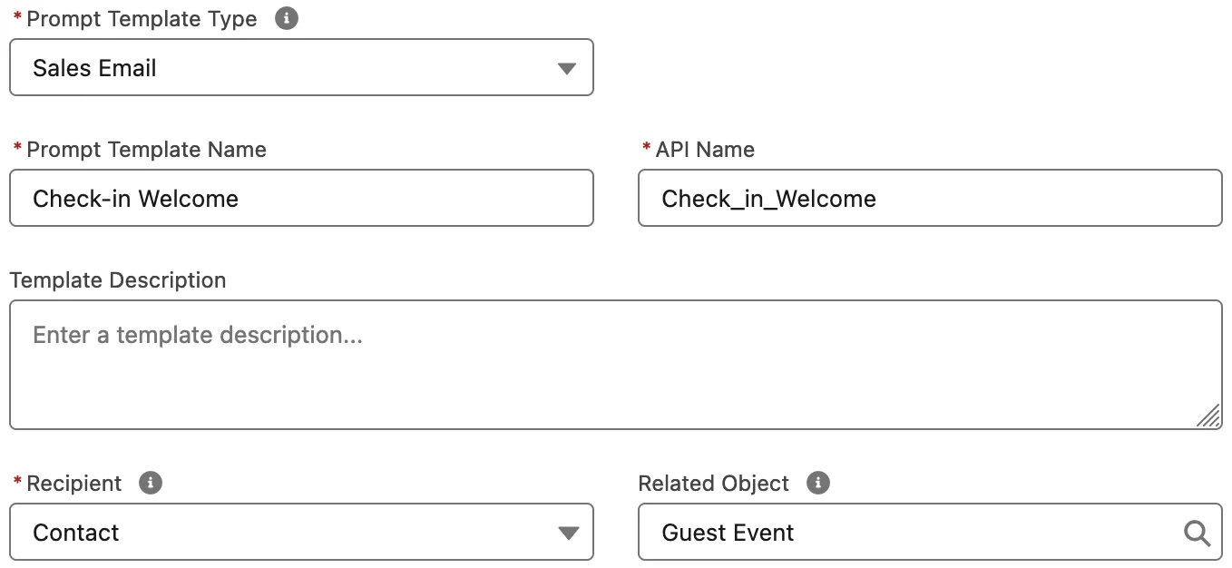 Prompt template creation dialog with all fields complete.