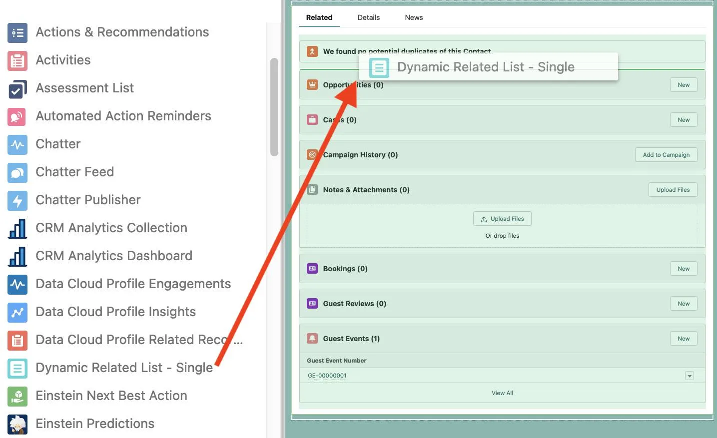 Contact record page layout, with a Dynamic Related List positioned between existing elements.