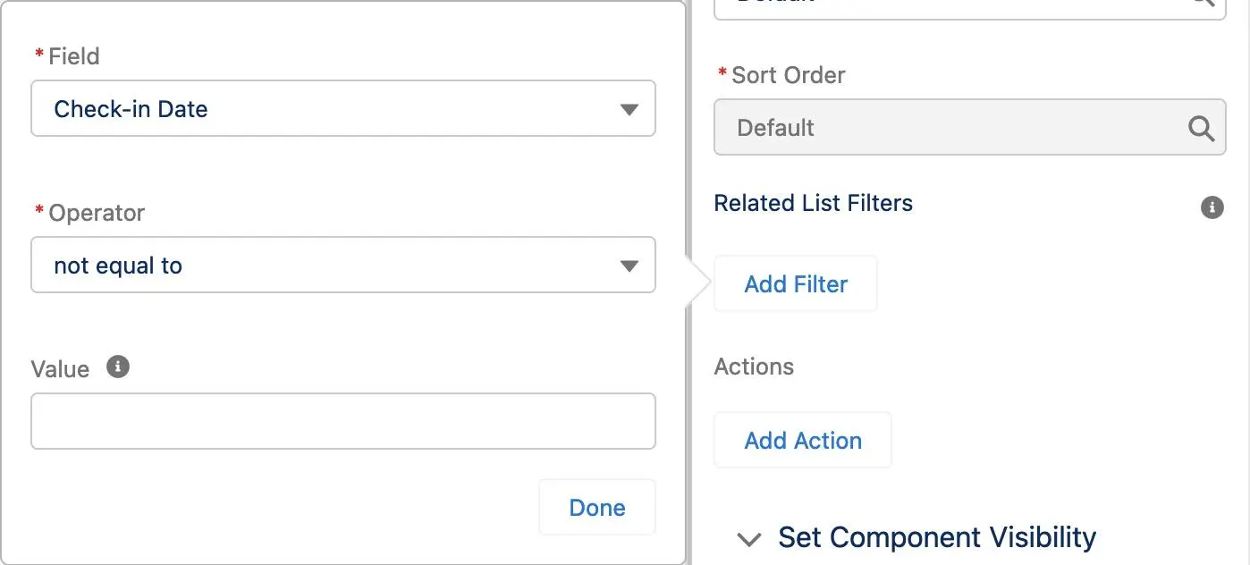 Filter section with field and operator selected.