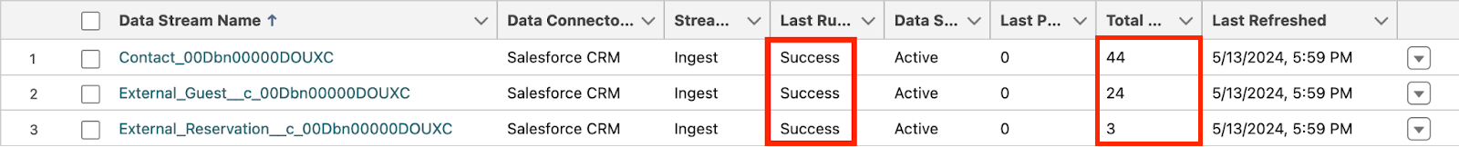 Data Streams page with all streams stating Success.