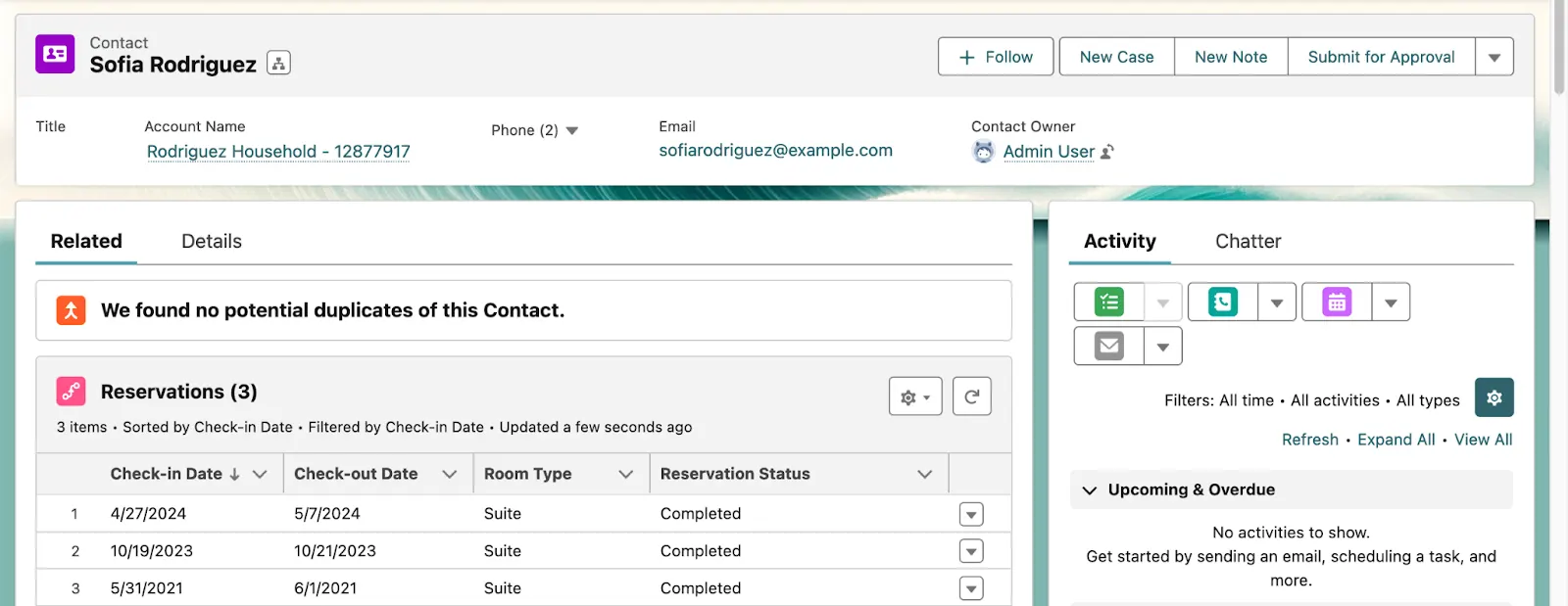 Página Contact (Contato) com uma lista relacionada de reservas.
