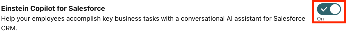 Enable Einstein Copilot for Salesforce toggle.