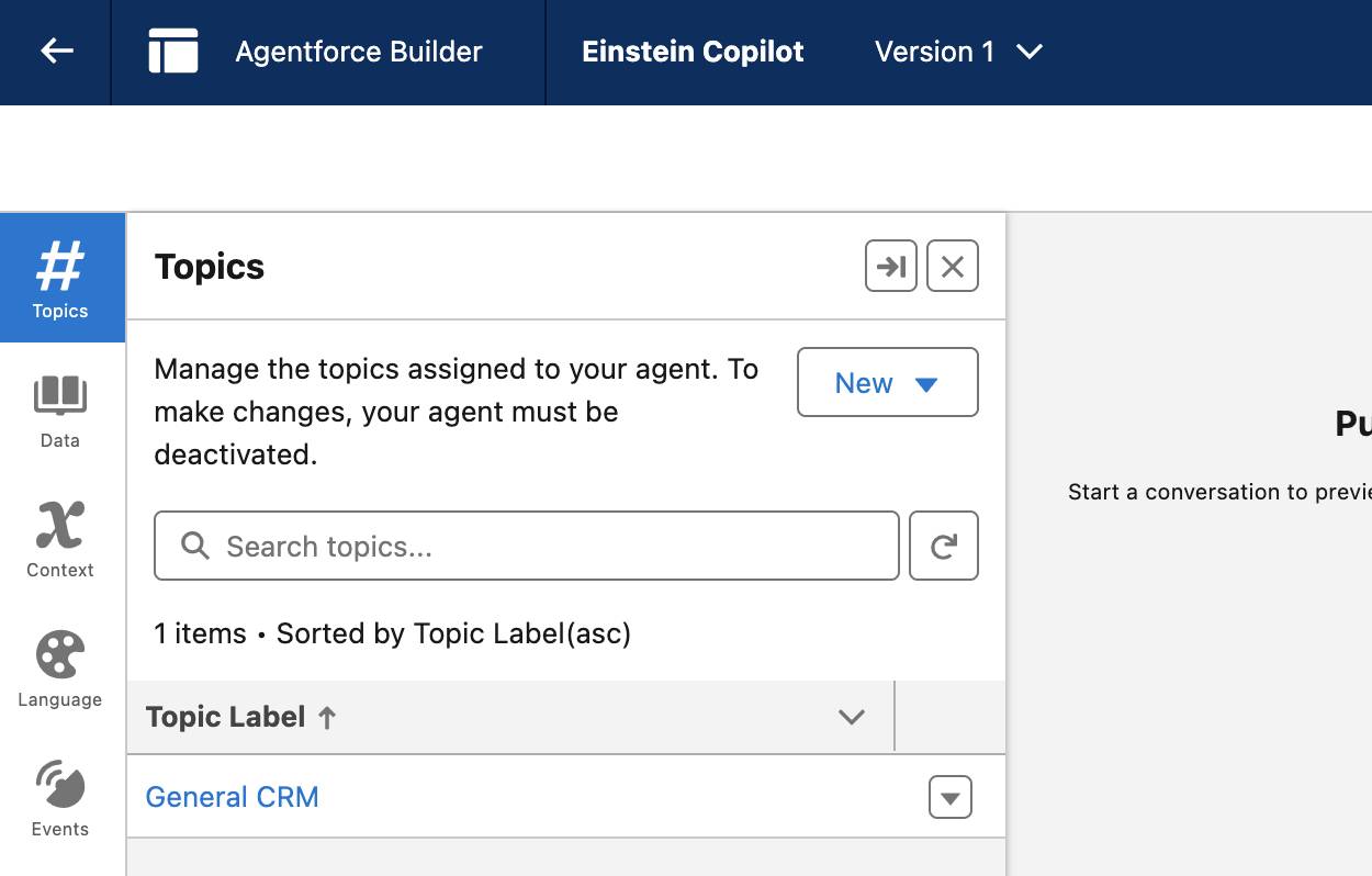 Topics section of Agentforce Builder with General CRM in the topic list.