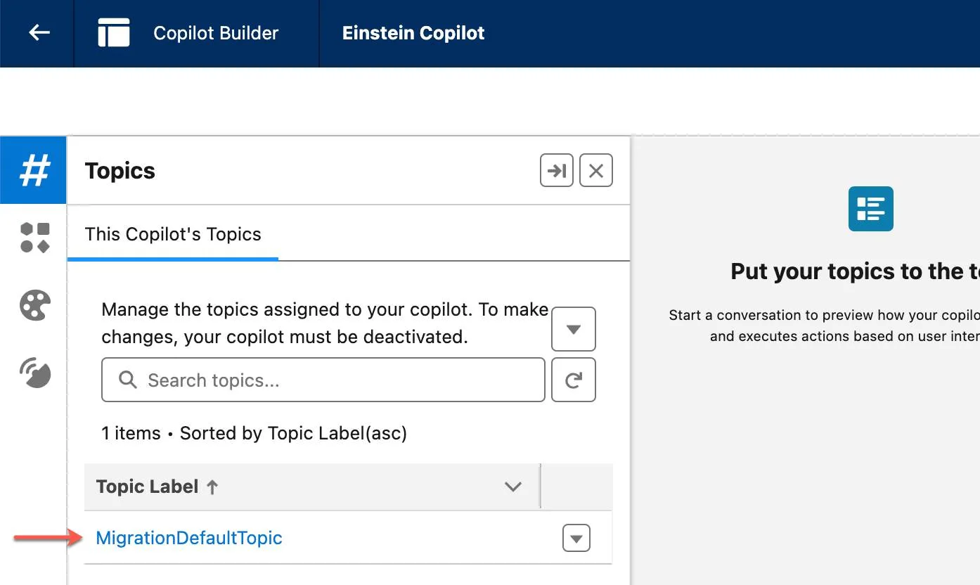 Topics section of Agent Builder with an arrow pointing to MigrationDefaultTopic.