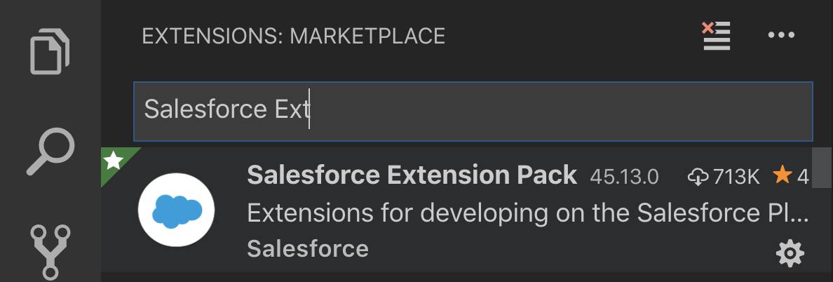 搜索栏中显示带有Salesforce Extension Pack的Visual Studio代码。