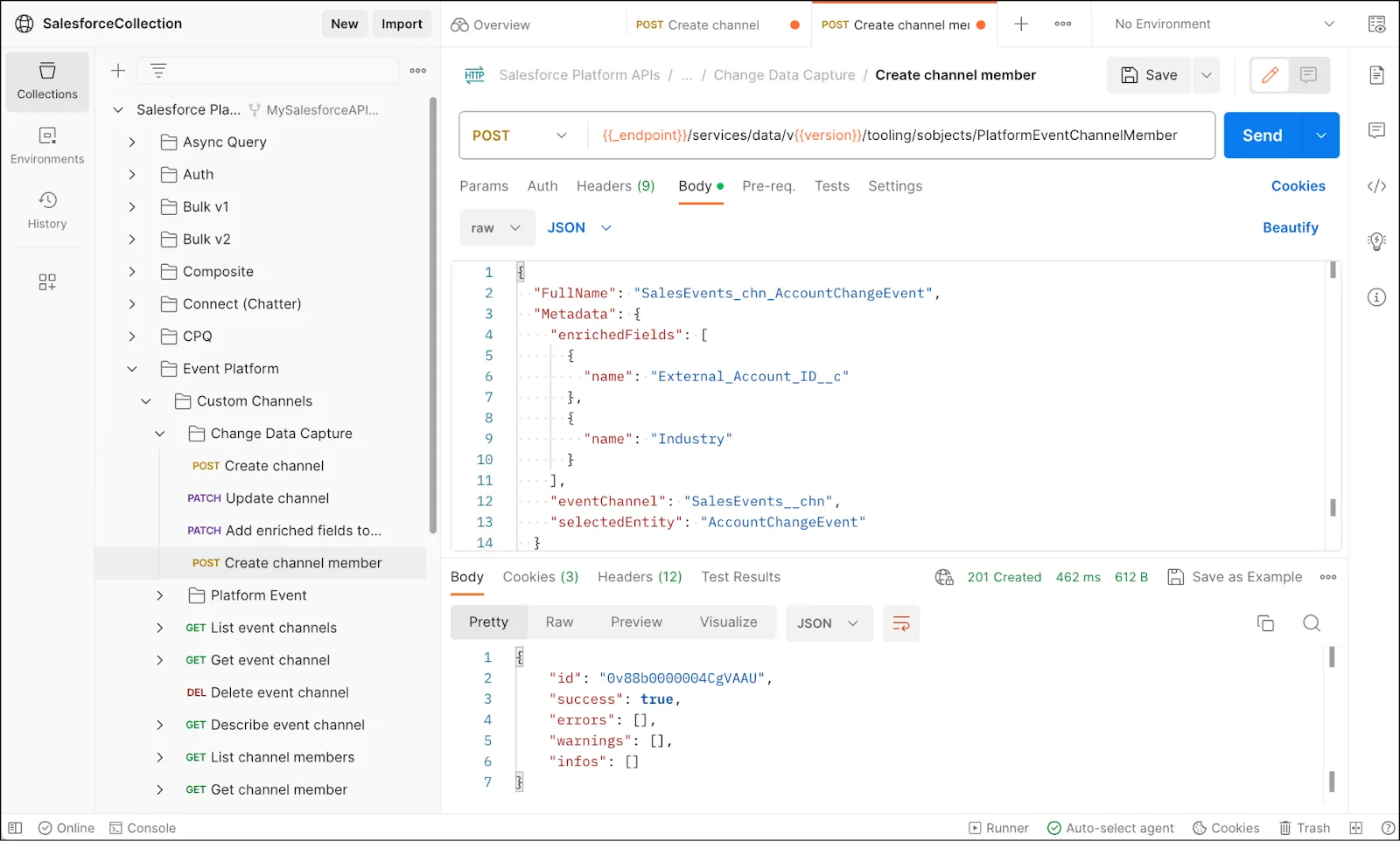 Request and response for creating a channel member in Postman.